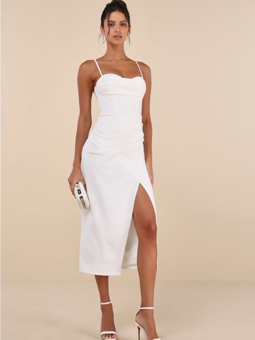 Lulus White Cowl Neck Midi Dress Slit Cocktail Bridal Shower Dress S